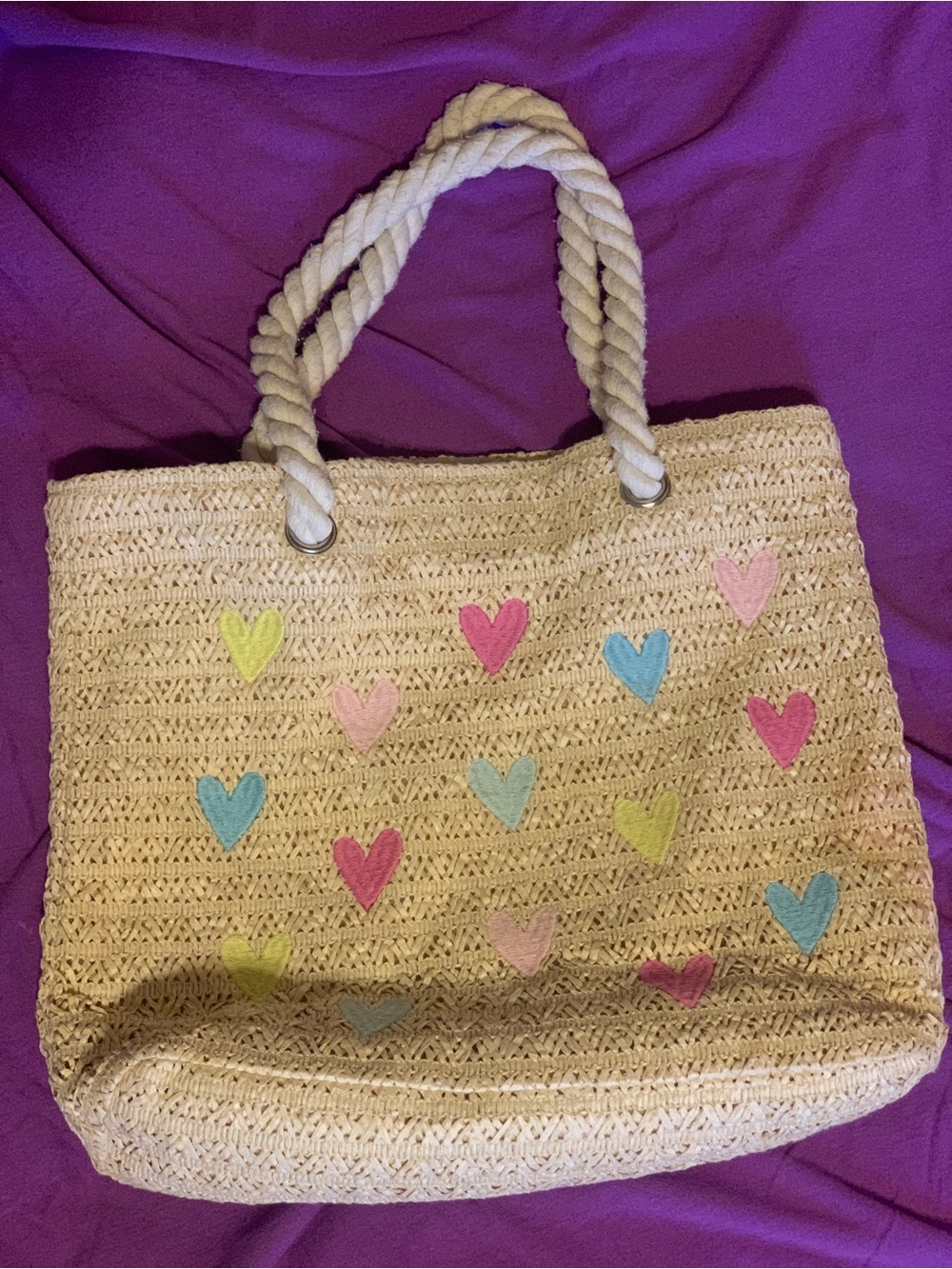 Cat & Jack Woven Straw Tote Bag - Natural w/ Pastel Hearts